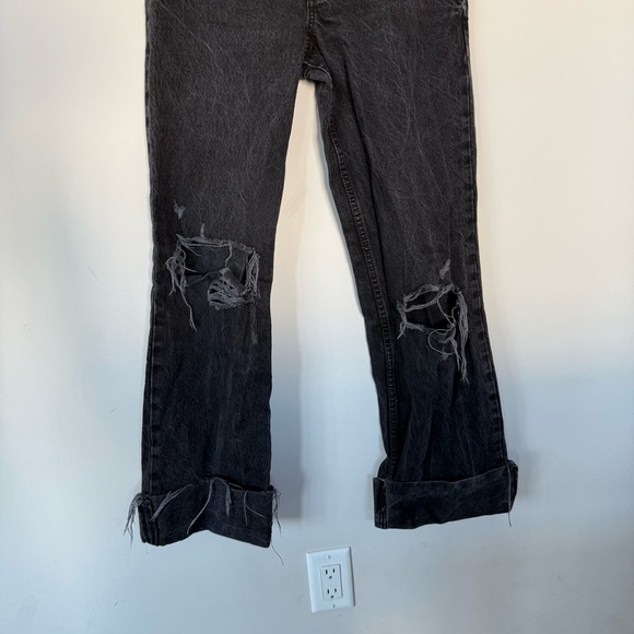 Zara Black Distressed Ripped Knee High Waisted Wide Leg Jeans Cuffed Denim - Picture 5 of 16